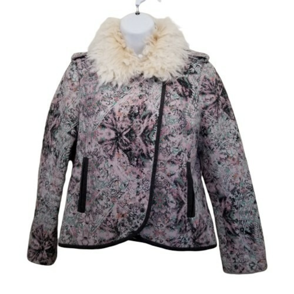 Anthropologie Elevenses 4P Moto Jacket Pink Purple‎ Paisley Faux Fur Wool Whimsy